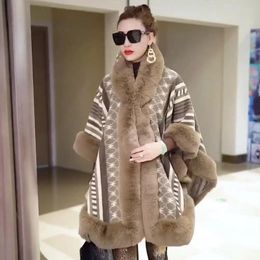 Women's Wool Blends Autumn poncho women winter jacket jacquard Splicing imitation rex rabbit fur collar shawl cloak Woollen coats womens 220906