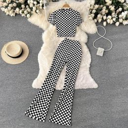 Women's Two Piece Pants Sexy Fashion Tight Short Sleeve Plaid Top Women's Design Sense High Waist Flare Age Reducing Slim Two-piece Sets