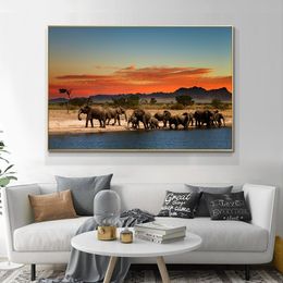 Canvas Painting Wild Africa Elephant Animal Art Sunset Landscape Posters and Prints Cuadros Wall Art Picture for Living Room