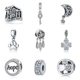 925 Silver Charm Beads Dangle Alloy Bead Home Love Lucky Clover White Clear CZ Bead Fit Pandora Charms Bracelet DIY Jewellery Accessories