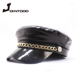 Berets Cap Fashion Octagonal Hat Military Ladies Solid Color Sboy Retro PU Leather