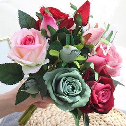 Faux Floral Greenery 3 Head Flannel Rose Artificial Flowers High Quality Large Bouquet For Home Wedding Decor Fake Flower Living Room Table Arrangement J220906