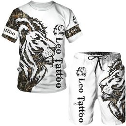 Men's Tracksuits Summer Men's Animal Tattoo White Short Sleeve T-Shirt The Lion 3D Printed O-Neck Tees Shorts Suit Casual Sportwear Tracksuit Set 220905