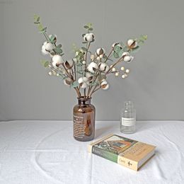 Faux Floral Greenery Spot eucalyptus leaf cotton branches 4 heads of cotton dried flowers simulation bouquet home furnishings decoration J220906