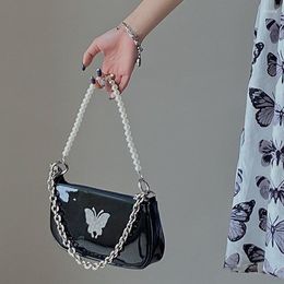 Evening Bags Patent Leather Women Shoulder Bag Fashion Ladies Butterfly Underarm Handbags Pearl Chain Female Purse Crossbody