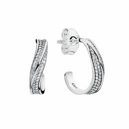 CZ diamond Pave Wave Hoop Earring Authentic Sterling Silver Women Wedding Jewellery For pandora girlfriend Gift Stud Earrings with Original Box
