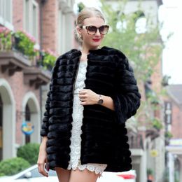 Women's Fur 2022 Selling Models In Autumn And Winter Mink Coat Women's Natural Striped Black Leather 70 Cm Ms.