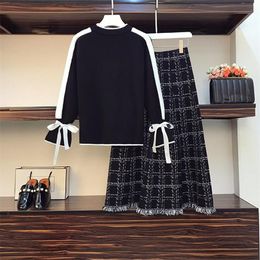 Two Piece Dress Arrival Korean Office Lady Elegant Knitting Suit Plaid Tassel Hem Long Skirts Two Piece Flare Sleeve Bow Sweater Sets 220906