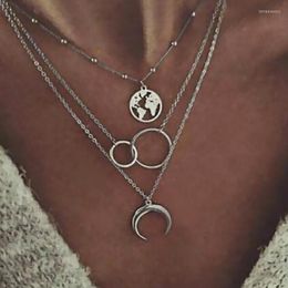 Choker Bohemian Vintage Female Necklace Long Chain Layered Circle Earth Moon Boho Jewellery 1N179