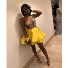 Party Dresses Yellow Homecoming Crystals One Shoulder Sleeve Beading Formal Prom Evening Gown Mini