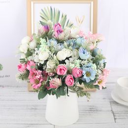 Faux Floral Greenery Rose Artificial Silk Flowers High Quality Bouquet 12 Heads Fake Flowers Daisy Bud Decoration For Wedding Home Foam Accessories J220906