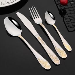 Flatware Sets 2/4/6Set Dinnerware Cutlery Set Stainless Steel Gold Flower Pattern Knife Fork Tea Spoon Kitchen Home Tableware