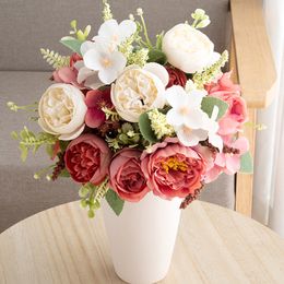 Faux Floral Greenery Beautiful White Peony Artificial Flowers Silk Bouquet Flores For Home Party Autumn Wedding Dining Table Decoration Fake Flowers J220906