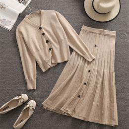 Two Piece Dress High Quality Korean Casual Knitted 2 Piece Set Women Cardigan Sweater Crop Top Pleated Skirt Suits Fall Winter Two Piece Sets 220906