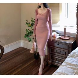 Two Piece Dress Autumn Knitted 2 piece sets womens outfits Sexy Bodycon Sling Dress Lace Up Short Cardigan Crop Top Elegant Womens suit 220906