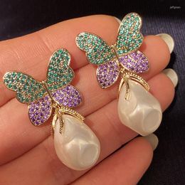 Dangle Earrings Fashion Purple Butterfly CZ Pearl Zircon Crystal Stud For Women Wedding Party Gift Jewelry Luxury Rose Flower Lady