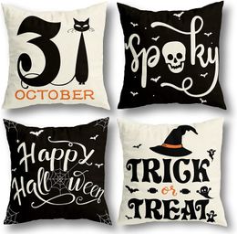 Halloween Decorations Pillow Covers 18x18 Set of 4 for Indoor Outdoor Party Supplies Farmhouse Home Decor Throw Web Cat Skull Ghost Decorative Cushion Case