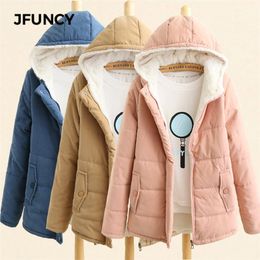 Women's Down Parkas JFUNCY Women Winter Fleece Parkas Coat Korean Casual Jackets Cotton Hooded Windproof Warm Pink Khaki Velvet Coat for Women 220906