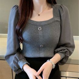 Women s Sweaters LJSXLS Pull Femme Spring Fashion Square Neck Solid Tops Patchwork Long Sleeve Sweater Women Knitted Pullovers Woman Clothes 220906