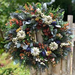 Decorative Flowers Wreaths Handmade Hydrangea White Pumpkins Ranunculus Wreath For Front Door Hanging Ornament Thanksgiving Fall Home Decor Guirnalda T220905