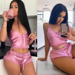 Casual Dresses Women Spaghetti Strap Silk Lace V Neck Nightwear Set Bow Summer Femms Crop Tops Pajamas Lady Drawstring Sexy Sleepwear 2022