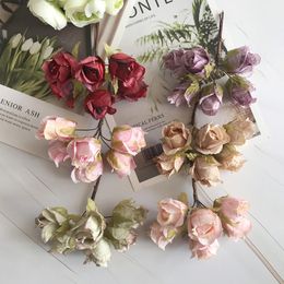 Faux Floral Greenery European Retro Rayon Tea Rose Flower Bud Bouquet Wedding Home Retro Fake Flower Party Diy Decoration Purple Artificial Flowers J220906