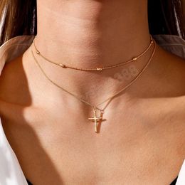 Simple Gold Color Metal Beads Cross Pendant Necklace Fashion Women Party Jewelry