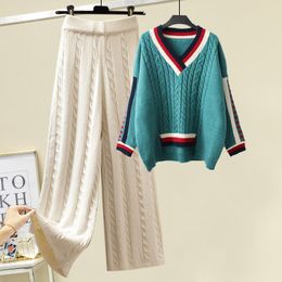 여성 2 피스 팬츠 플러스 크기 트랙복 여성 고품질 겨울 두께 따뜻한 vneck 풀오버 스웨터 넓은 다리 니트 슈트 2 set-117