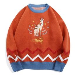 Men's Sweaters Oversized Cartoon Sweater Deer Embroidery Men Patchwork Knitwear Winter Japanese Fashion Woman Loose Casual Sweaters Pullovers 220906