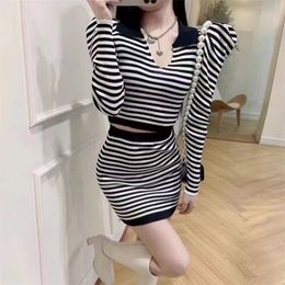 Two Piece Dress Knit Skirt Set Women Vneck Puff Sleeve Patchwork Striped Crop Top Bodycon Mini Skirt 2 Piece Set Knitted Suit Y2k 220906