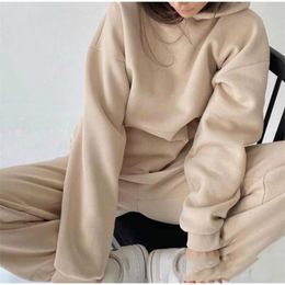 Womens Two Piece Pants 2 Piece Set Women Autumn Winter Tracksuit Solid Hooded Sweatshirt And Joggers Pants Suit Casual Womens Sets Fashion Sportswear 220906