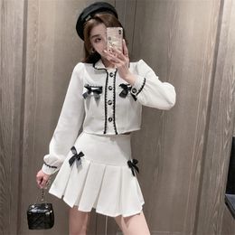 Two Piece Dress Autumn Korean Sweet Tweed Suits Women Bowknot Short Jacket Coat Skirt Sets Vintage Small fragrance Two Piece Outfit White 220906