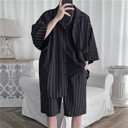 Men's Tracksuits Summer Men Shorts Set Matching Shirts Letter Striped Lightweight Tracksuit Man Short Sleeve Elastic Waist Oversize Suit Clothing 220905