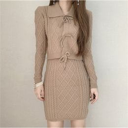 Two Piece Dress Vintage Twist Knitted Two Piece Set Women Elegant Lapel Short Cardigan High Waist Slim Skirt Suit Office Lady Outfit 220906