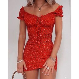 Casual Dresses Women Floral Wrap Dress Off Shoulder Tie Up Front Ruffle Mini Dress Summer Office Lady Slash Neck Printed Pencil Dress 220906