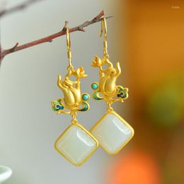 Dangle Earrings Ancient Lotus Guanyin Hand Imitation Hetian Jade Female Retro Chinese Style Unique