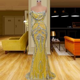green light images NZ - Luxurious Dubai Gold Prom Dresses One Shoulder Lace Party Dresses Sequined Beaded Sparkly Custom Made Evening Dress