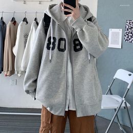 Men's Jackets Harajuku Large Number Printed Hooded Men Women Zipper Streetwear Casual Coats Outerwear Korean Long Sleeve Coat