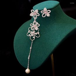 Dangle Earrings Asymmetry Hollow Flower For Women Pearl Tassel Long Fashion Jewelry Girls Luxury Pink Crystal Zircon Wedding Gift