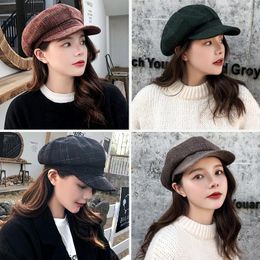 Berets Korean Style Literary Octagonal Hat Ladies Fashion Plaid Woollen Beret Retro Sboy For Women