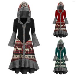 Casual Dresses Christmas Cape Dress Women Fashion Elk Print Winter Hooded Wool Party Cotton Spun Button Plaid Stitching Robe Jacket