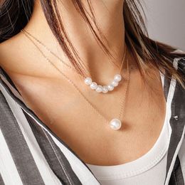 Simple Casual Double Layers Simulated Pearl Beads Pendant Necklace Women Party Jewelry