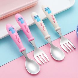 Cups Dishes Utensils Baby Gadgets Tableware Set Stainless Steel Cartoon Spoon Fork for Kids Toddler Learn To Eat Training 220906