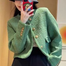 Womens Jackets Green Tweed Jacket Coat Women French Vintage Temperament Golden Buttons Long Sleeve High End Short Outwear Casaco 220906