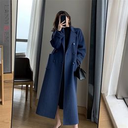 Women's Wool Blends LANMREM Autumn Winter Women Woolen Coat Warm Long Length Double Breasted Navy Blue Coats Female Elegant Outerwear 2C533 220906