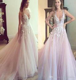 2023 Boho Beach Wedding Dresses Bridal Gown Blush Pink Sleeveless Plus Size Lace Applique Tulle Deep V Neck Sweep train Custom Made vestido de novia