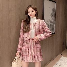 Two Piece Dress Elegant Pink Plaid Tweed Two Piece Set Women Singlebrested Oneck PU Patchwork Woolen Jacket Coat Mini Skirt Suits Female 220906