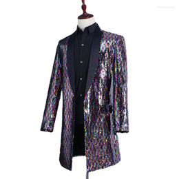 Men's Trench Coats Fashion Mens Stage Suit Jackets Long Windbreaker Colorful Sequins Men Casual Turn-down Collar Polyester