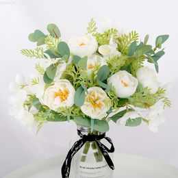 Faux Floral Greenery 5 Heads White Roses Artificial Flowers Peony High Quality For Wedding Home Decoration Pink Fake Flowers Mariage Bride Bouquet J220906