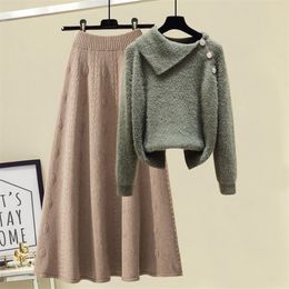 Two Piece Dress Plus Size Soft Mink Sweater Skirt Set Women Buttons Pullover Sweaters Aline Midi Skirt Two Piece Set Knitted Suit Tracksuit 220906